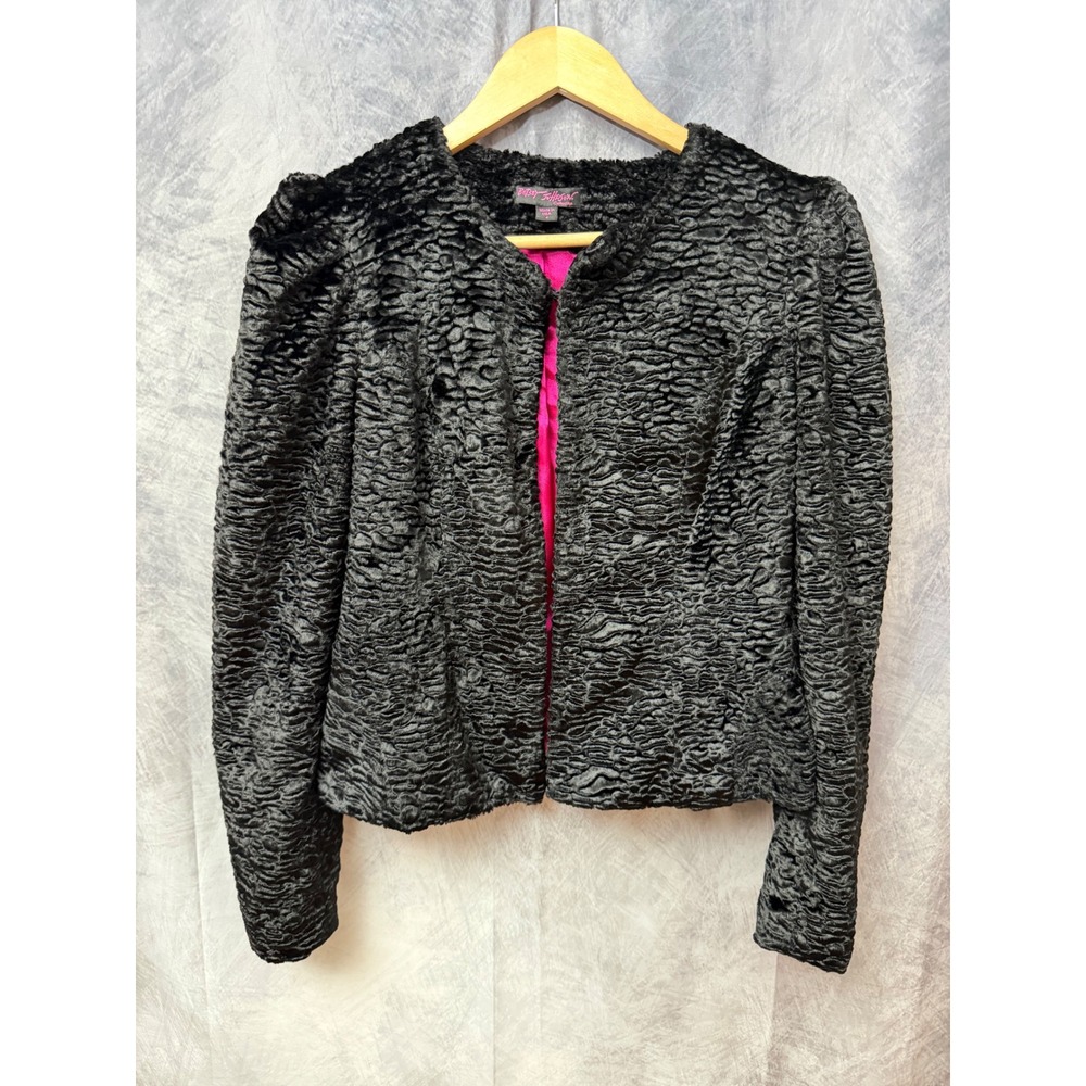 Betsey Johnson Black Faux Fur Textured Cropped Jacket Pink Lining 4 Y2K Party